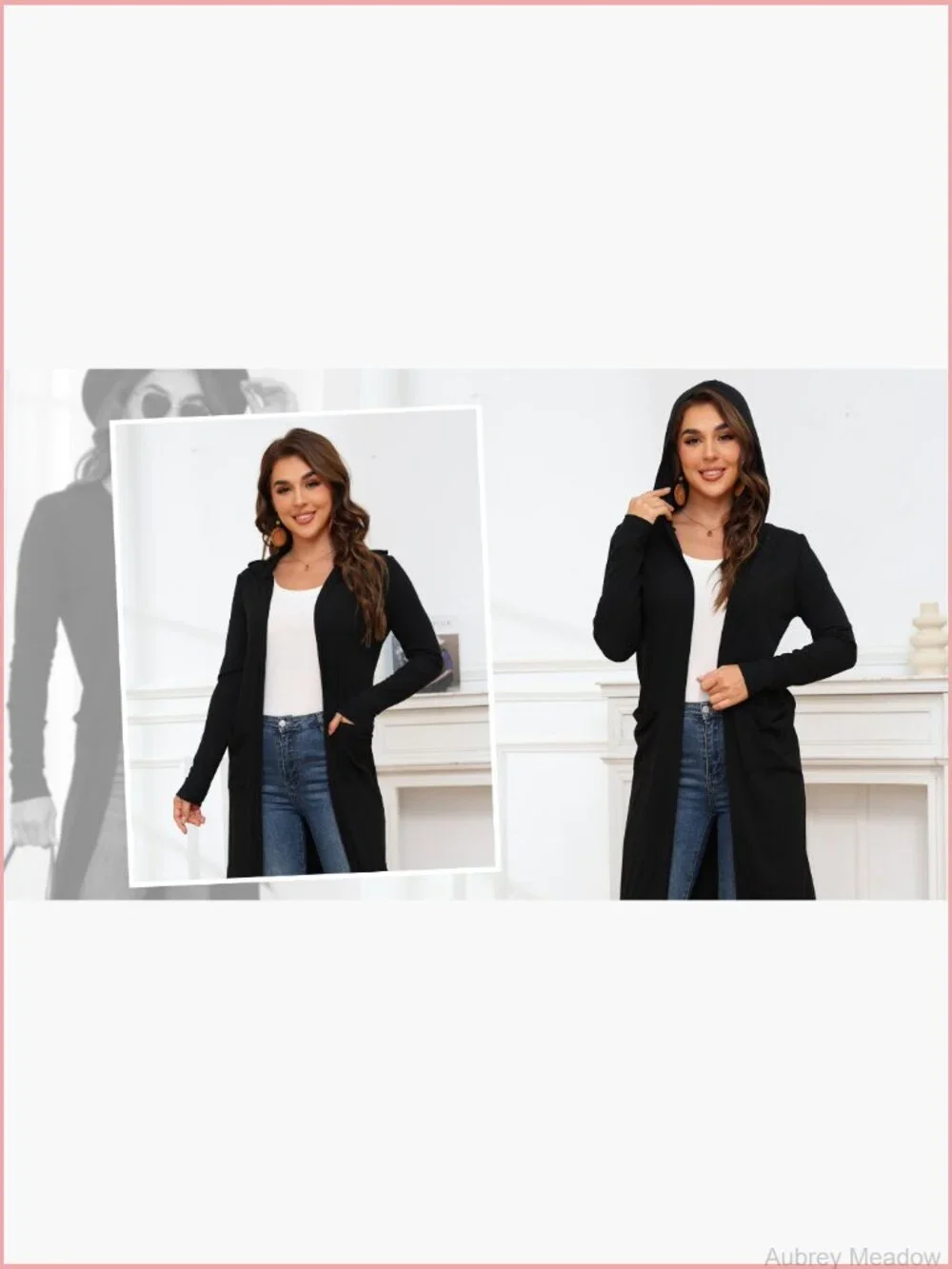 Hooded Long Cardigan Open Front Lightweight with Pockets - Picture 5 of 6